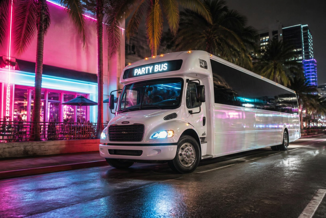 Black Vibe Party Bus parked on a neon-lit South Florida street at night